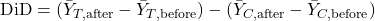 \text{DiD} = (\bar Y_{T,\text{after}} - \bar Y_{T,\text{before}}) - (\bar Y_{C,\text{after}} - \bar Y_{C,\text{before}}) 